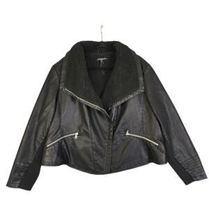 Baccini Womens Faux Leather Moto Jacket Plus Size 3X Black Sherpa Lined Biker